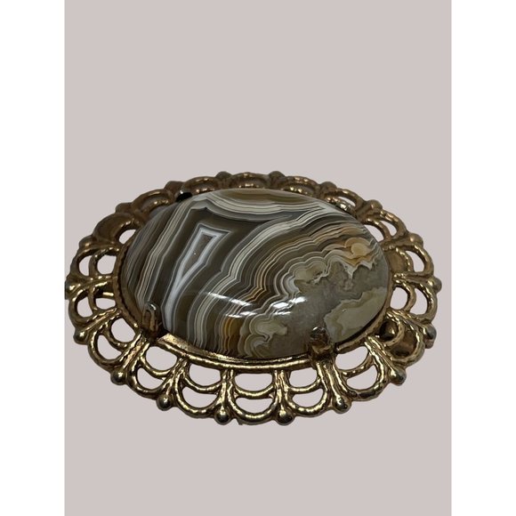 Beautiful Vintage Agate Brooch Grays Black White Stripes READ - Picture 1 of 5